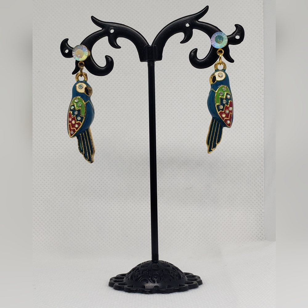 Colorful Parrot Drop Earrings - Blue, Green & Red